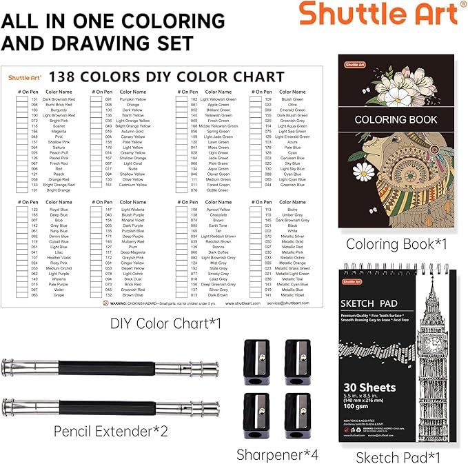 Shuttle Art 138 Colors Professional Colored Pencils, Soft Core Coloring Pencils Set with 1 Coloring Book,1 Sketch Pad, 4 Sharpener, 2 Pencil Extender, Perfect for Artists Kids Adults, Drawing