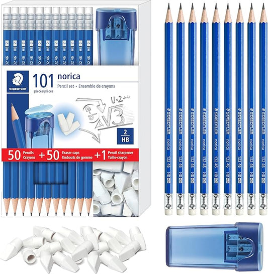 STAEDTLER Norica Pencil Set: 50 Pre-sharpened #2 HB Pencils with 50 Eraser Caps & Double-Hole Sharpener, Break-Resistant Lead, School Pack