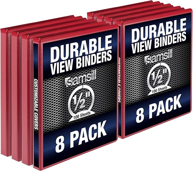 Samsill Durable .5 Inch Binder, Made in the USA, Round Ring Customizable Clear View Binder, Red, 8 Pack (MP88413)