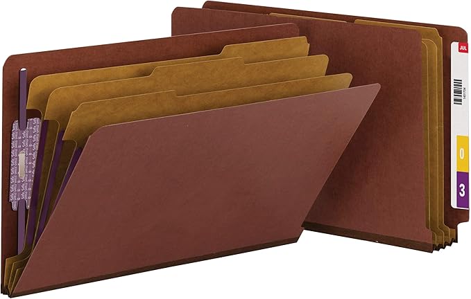 Smead 100% Recycled End Tab Pressboard Classification File Folder with SafeSHIELD Fasteners, 3 Dividers, 3" Expansion, Legal Size, Red, 10 per Box (29865)