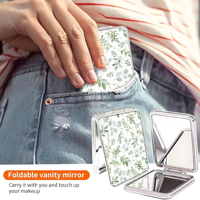 Compact Pocket Mirror, Cute Travel Mini Mirror with Magnification, Foldable Double-Sided Portable Cosmetic Mirror for Men, Women Spring Green Leaf