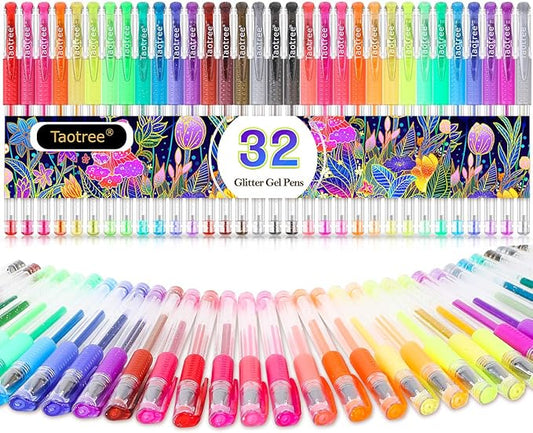 Taotree Glitter Gel Pens, 32 Colors Neon Glitter Pens Fine Tip Art Markers Set 40% More Ink Colored Gel Marker for Adult Coloring Book, Kids Drawing Art Supplies, Scrapbook, Journaling, Sparkle Gifts