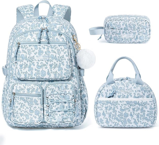 Fimibuke School Backpack for Girls Boys - 3PCS Corduroy Kids Backpack Set with Lunch Box & Pencil Pouch, Lightweight Teen Girls School Bag Laptop Bag Travel Daypack for Elementary Middle High School