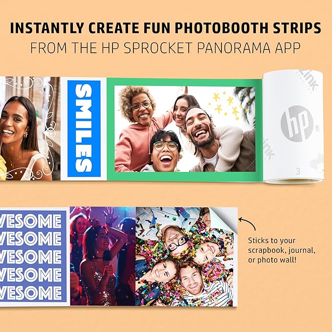 HP Sprocket Panorama Instant Portable Color Printer (White) 2” x .5”- 9” Zink Sticky-Backed Paper -Create Personalize Prints, Photobooth Strips, Labels & Custom Designs in The App