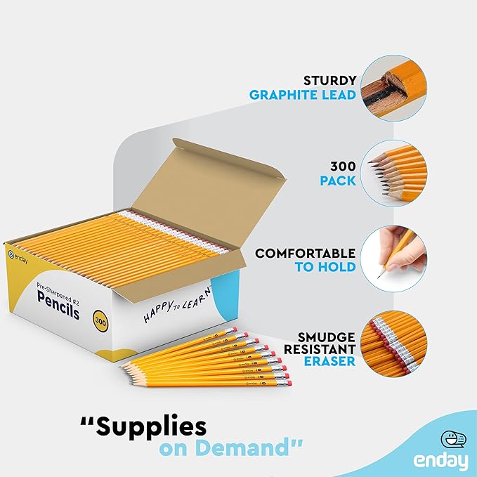 Enday #2 Pencils Bulk - 300 Pack - Pre-sharpened pencils #2 Wood-Cased Yellow Sharpened Pencils for Kids with Latex-Free Eraser Top for Office and Classroom Supplies.