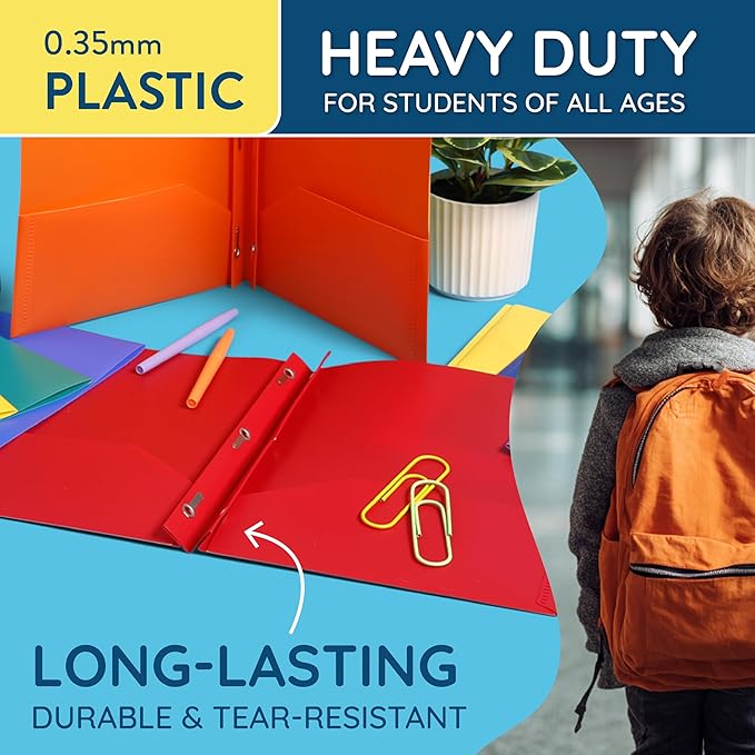 Blue Summit Supplies 30 Pack Plastic Two Pocket Plastic Folders with Prongs Bulk, Assorted Dark Color Poly Folders with Pockets and Prongs Bulk, Blue, Red, and Black, 3 Prong, Letter Size