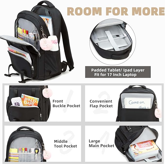 AO ALI VICTORY School Backpack for Girls Women 15.6 Inch Laptop Backpacks College Bookbag Cute Kids Elementary Middle High School Bag with Lunch Box Set for Teens Students Travel Daypack, Black Set