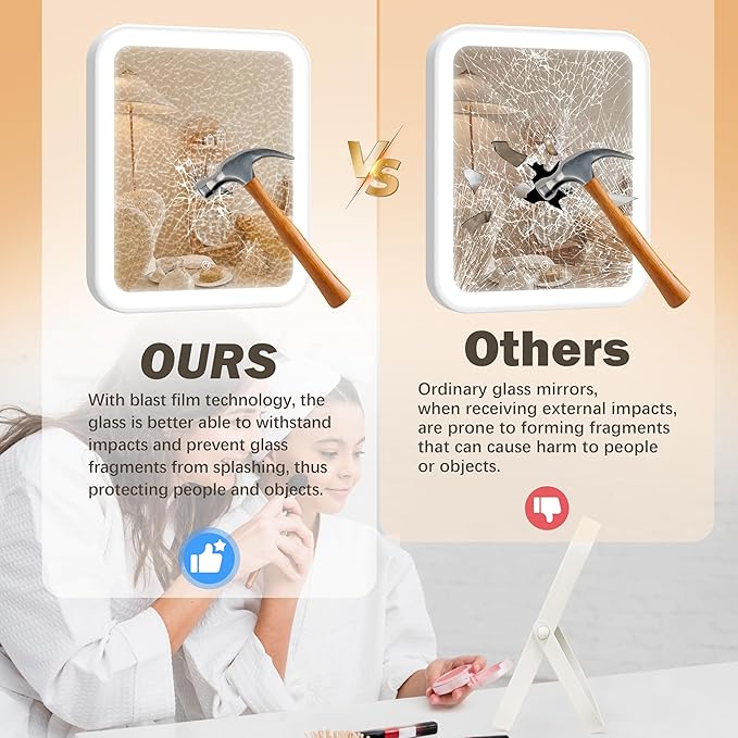 Home Mirror, 10x12 inches Lighted Vanity Makeup Mirror, Dimmable Touch Screen, Tabletop Mount, USB Plug-in, Adjustable, Portable