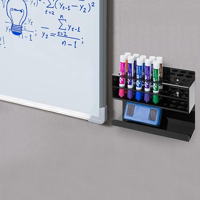 MyGift Wall Mounted Premium Black Acrylic Dry Erase Marker Holder with 16 Slots for Marker Pens and Eraser Storage Tray Whiteboard Accessories Rack for Home Office School Dorm
