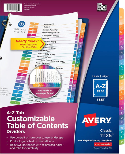 Avery A-Z Tab Dividers for 3 Ring Binder, Customizable Table of Contents, Multicolor, 1 Set (11125)