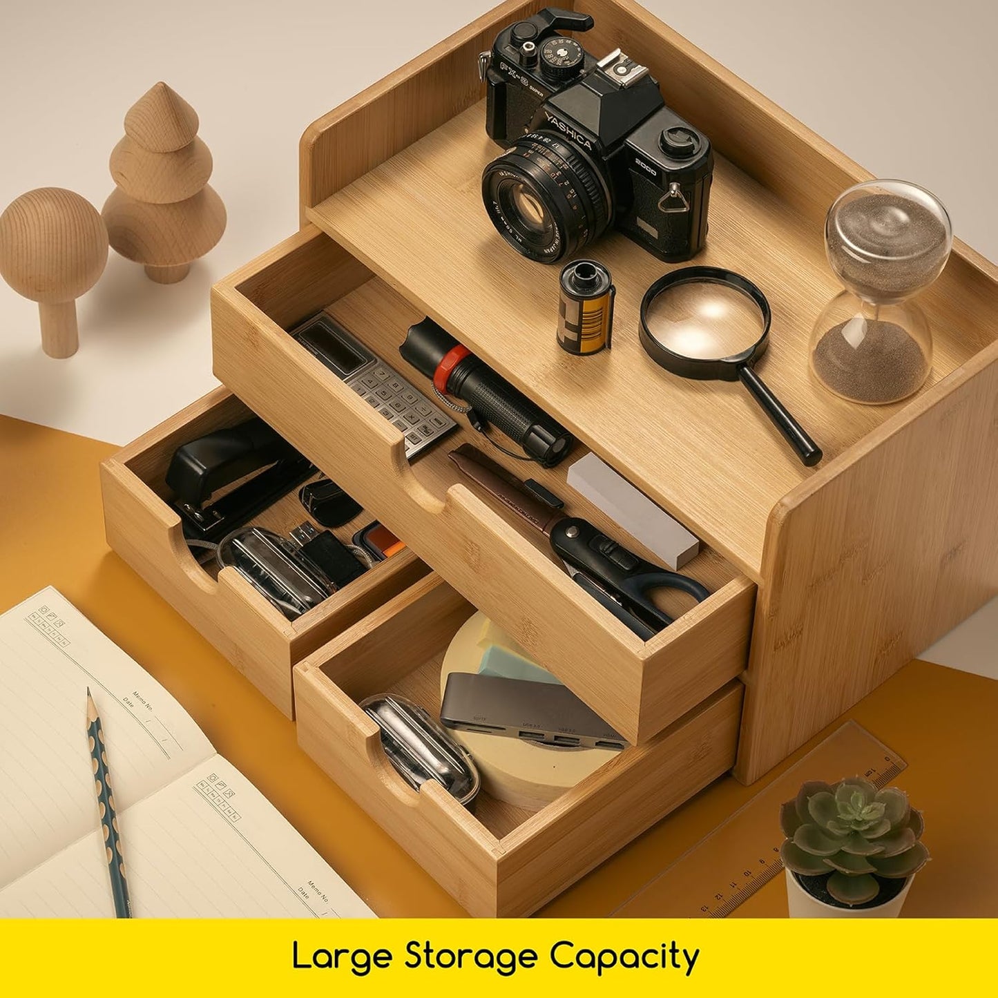 MEEDEN Bamboo Desk Organizer with Drawers: Desktop Storage Container with Shelf - Tabletop Storage Organization Box for Office Home Toiletries Supplies