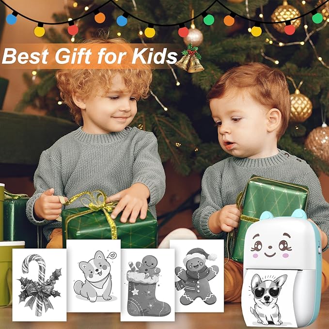 Mini Sticker Printer, Inkless Sticker printer with 5 Rolls Pape, Bluetooth Smart Pocket Printer Compatible with iOS & Android, Portable Thermal Printer for PicturesRetro-Style PhotosReceiptsNotes