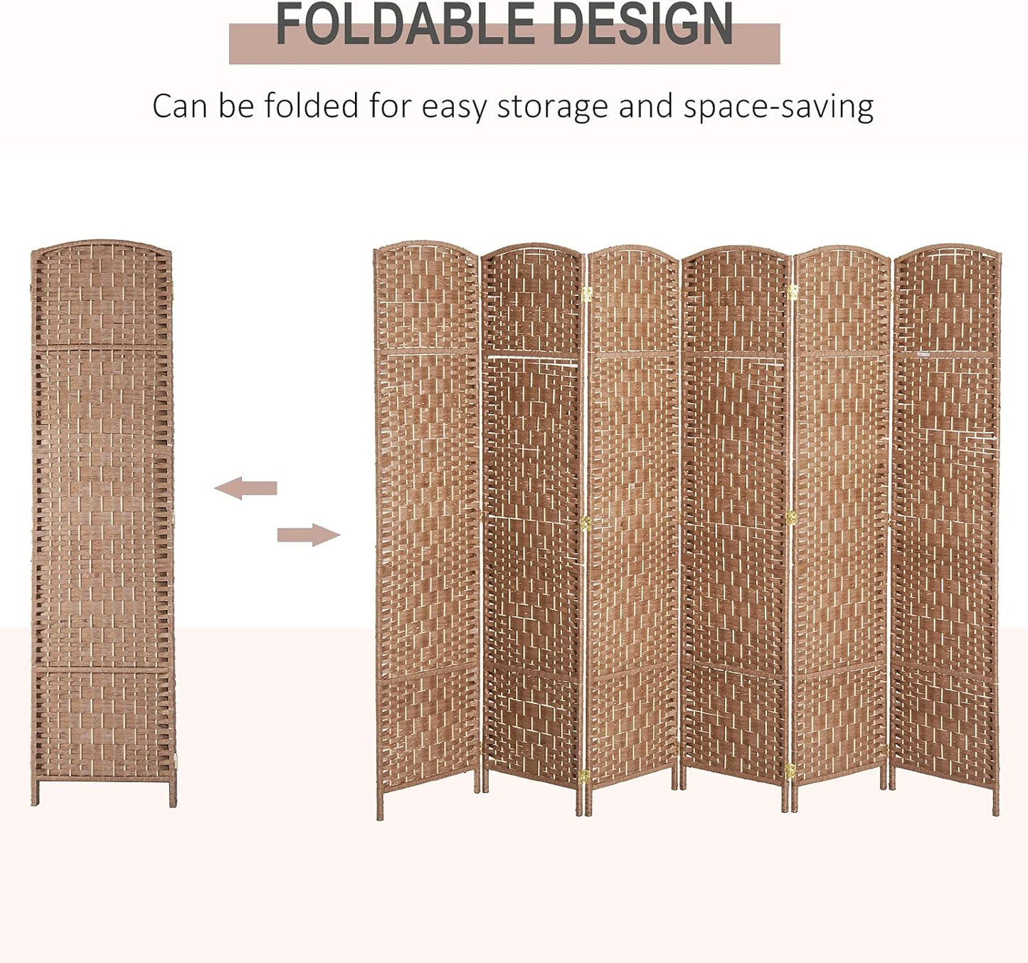 HOMCOM Room Divider, 6 Panel Folding Privacy Screen, 6FT Tall Portable Wicker Weave Partition Wall Divider for Bedroom, Home Office, Natural