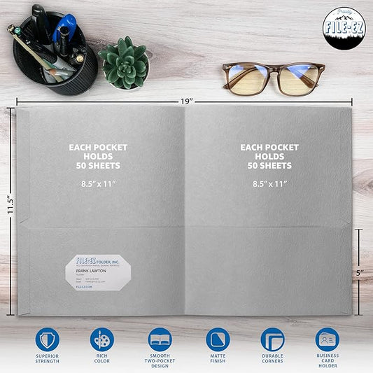 FILE-EZ Two-Pocket Folders, Gray, 25-Pack, Textured Paper, Letter Size (EZ-32530)