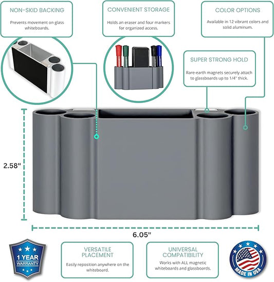 Glassboard Studio Magnetic Dry Erase Marker Holder - Super Strong for Magnetic Glass Whiteboard or Fridge - 2 Large Neodymium Magnets - No Slip Grip - Eco-Friendly PLA Plastic (Steel Gray, KIT)