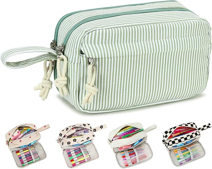Bluboon Big Capacity Pencil Case Pencil Pouch Pen Case School Supplies Cute Pencil Box Pencil Bag for Teen Girls Boys Women Man (Green White Stripes)
