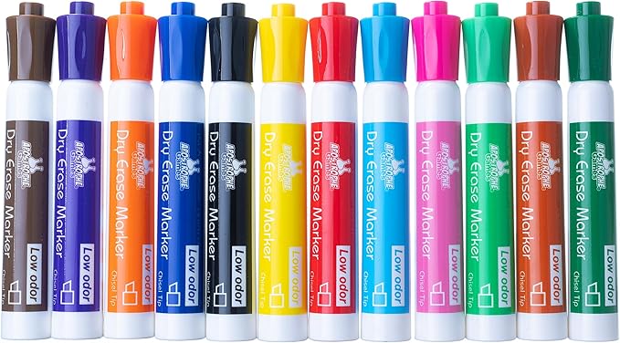 Apostrophe Games Low-Odor Chisel Tip Dry Erase Whiteboard Markers - Multicolor Pen Variety Pack, 12 Colors - Reusable Markers, Wipes Clean