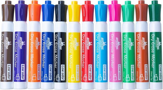 Apostrophe Games Low-Odor Chisel Tip Dry Erase Whiteboard Markers - Multicolor Pen Variety Pack, 12 Colors - Reusable Markers, Wipes Clean