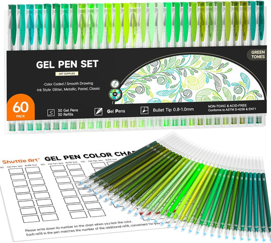 Shuttle Art 60 Pack Green Tone Gel Pens, 30 Green Tone Gel Pens with 30 Refills for Adults Coloring Books Journaling Drawing Nature, Landscapes, Animals Scenes