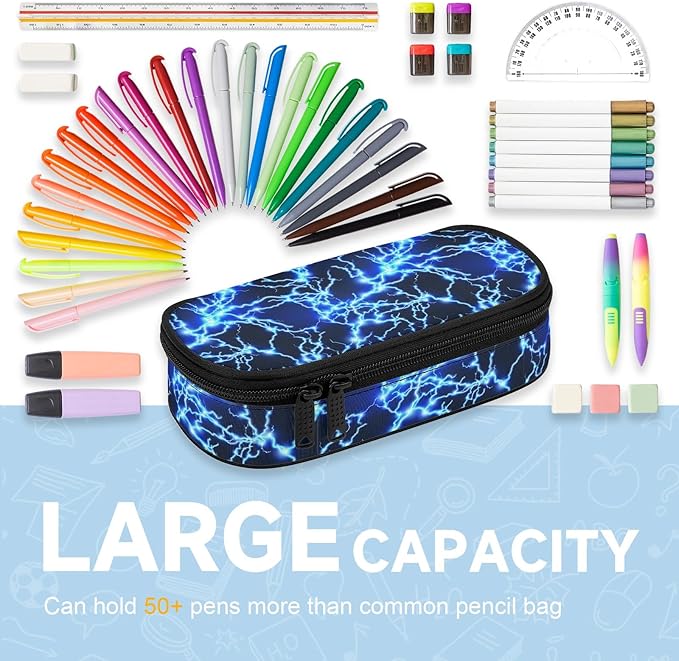 Lightning Large Pencil Case Big Capacity Blue Pencil Pouch for Boys Girls Teen Women Men Adult, Portable Kids Pencil Bag with Zipper, Stationery Storage Pen Bag for School Supplies Office Organizer