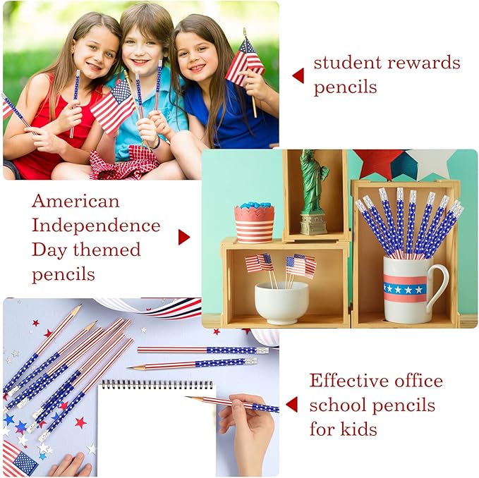 Zuazaor 200 Piece Student Cute Wooden Pencils in Bulk American Flag Pencils with Eraser Wood Graphite Pencil for Kids Girls Boys (American Independence Day)