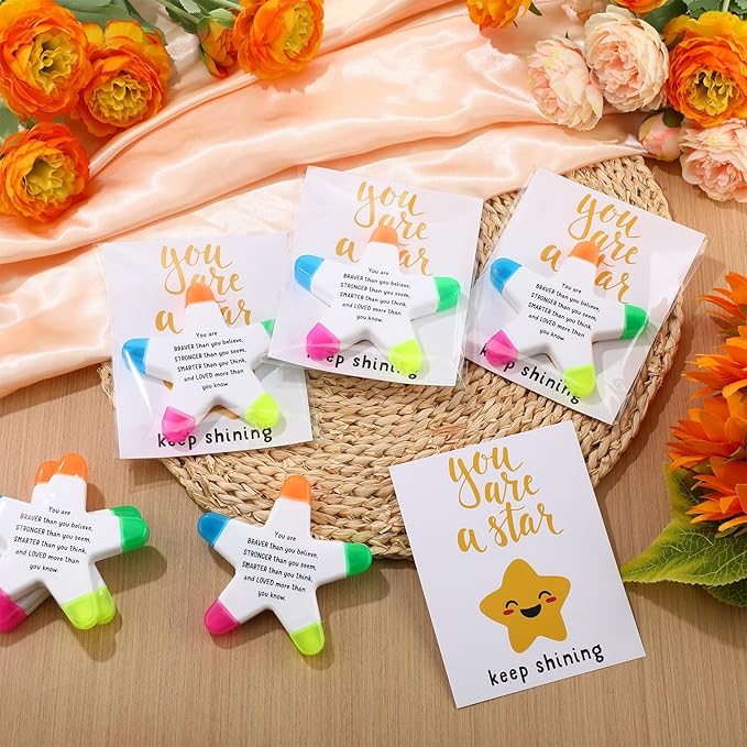 12 Sets Back to School Gifts for Students Star Highlighters with You're a Star Cards Gift Bags 5 in 1 Fluorescent Pens Affirmation Gifts for First Day of School Party Favor (Stronger)