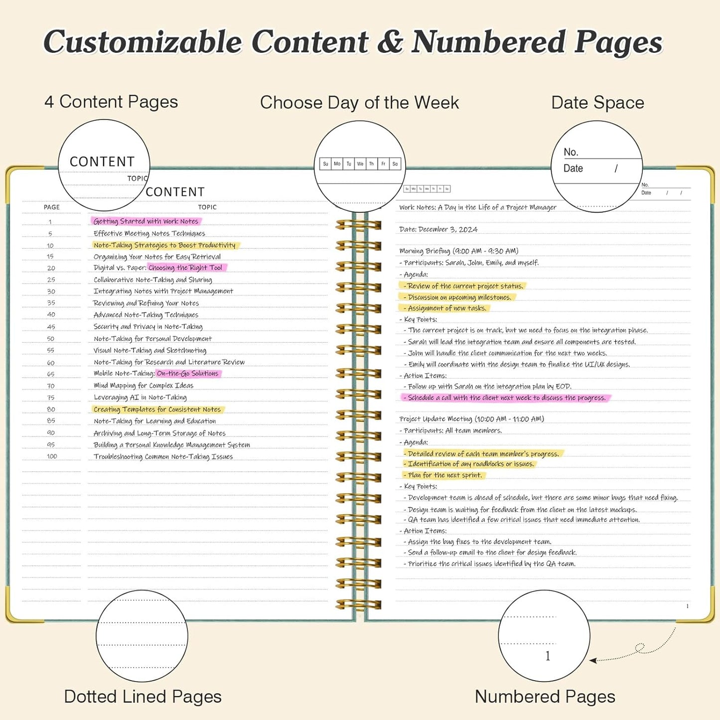 Spiral Notebook, 300 Numbered Pages Notebooks College Ruled with Contens, 100GSM Thick Journal for Women Men, Hardcover Leather Lined Journal for Writing, Large A5 Notebooks for Work School, 6" x 8"