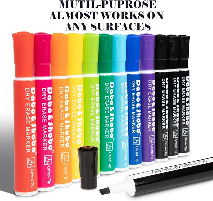 Dabo&Shobo Dry Erase Markers 24 Pack, 10 Assorted Colors With Low Odor Ink, Chisel Tip, Whiteboard Markers For Back To School, Office, Home