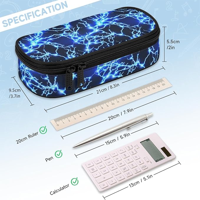 Lightning Large Pencil Case Big Capacity Blue Pencil Pouch for Boys Girls Teen Women Men Adult, Portable Kids Pencil Bag with Zipper, Stationery Storage Pen Bag for School Supplies Office Organizer