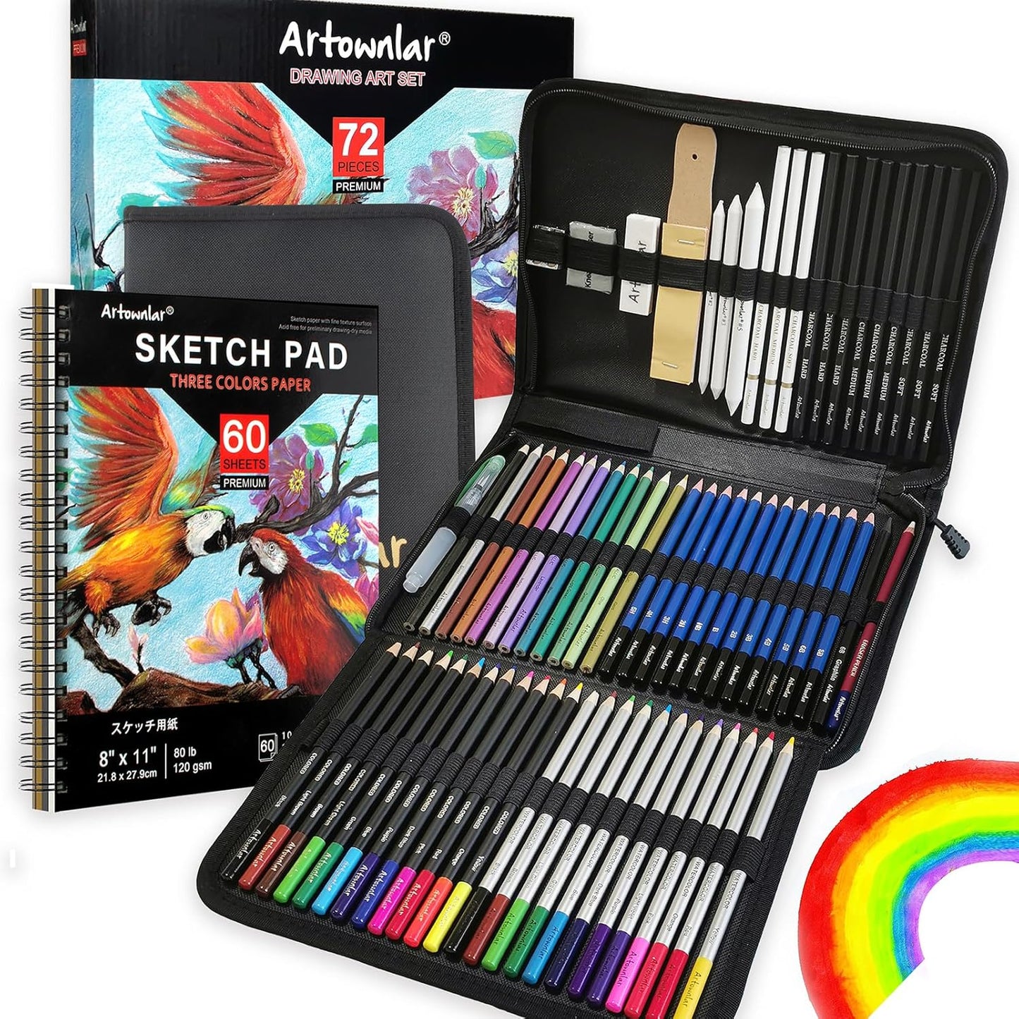 Artownlar 72 Pack Drawing Sketching Set with 8x11 Sketchbook | Pro Art Supplies Kit for Artist Adults Teens Beginner | Graphite Charcoal, Watercolor & Metallic Colored Pencils in Gift Case.