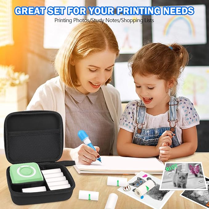 Green Mini Pocket Printer with Black Case, Thermal Printers with 10 Rolls Thermal Paper, Portable Photo Printer for Travelling, Journal, Memo, Photo, Study Notes, Shopping Lists