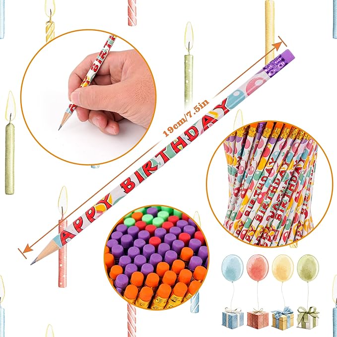 Kolewo4ever 200Pcs Happy Birthday Pencils Colorful Printed Pencils for Students Happy Birthday Teacher Pencil Classroom with Top Erasers for Kids Birthday Party Supplies Favors