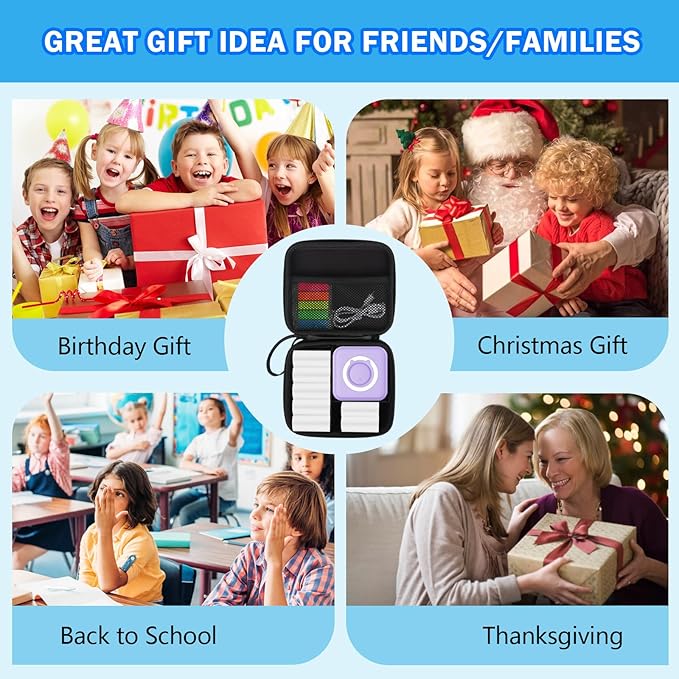 Purple Mini Pocket Printer with Black Case, Thermal Printer with 10 Rolls Thermal Paper, Mini Portable Photo Printers for Travelling, Journal, Memo, Photo, Study Notes, Shopping Lists