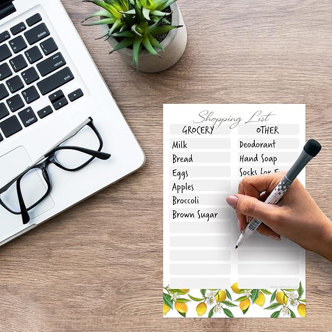 Dry Erase Shopping List Vinyl Sticker Decal Whiteboard by Glassboard Studio | Removable & Reusable | Magnetic Fine-Tip Marker Included (6 x 9 inches, Lemon Fresh)