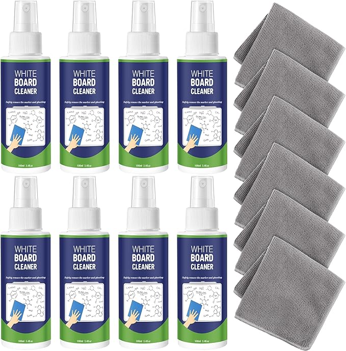 Loopeer 8 Pack Whiteboard Cleaner Spray 3. 4 oz Dry Erase Board Cleaner with Cloths Non Toxic Dry Erase Cleanning Removes Stubborn Marks from Whiteboards