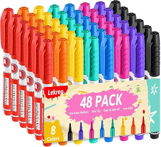 Dry Erase Markers, Fine Tip Whiteboard Marker, Low Odor Dry Marker, Fine Point Markers are pecfect for Whiteboard Mirrors Glass, Assorted Color Markers for School Office Home (48 Pack 8 Colors)