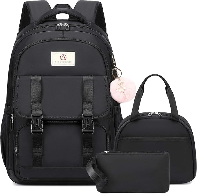 AO ALI VICTORY School Backpack for Girls Women 15.6 Inch Laptop Backpacks College Bookbag Cute Kids Elementary Middle High School Bag with Lunch Box Set for Teens Students Travel Daypack, Black Set