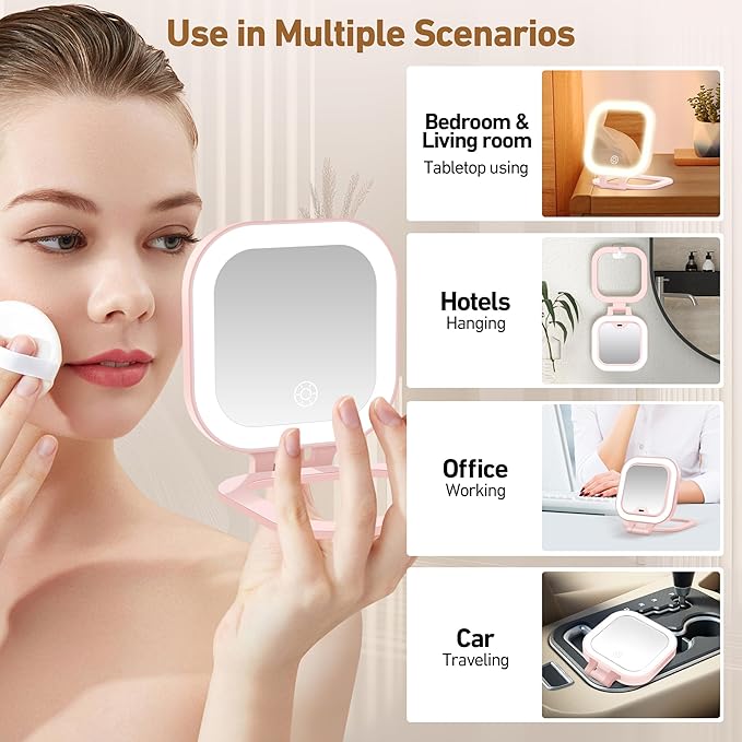 Travel Mirror with Light, 1x/30x Magnifying Mirror with 3 Color Lights and Adjustable Brightness, 4.5x3.9 inch Small Compact Hangable Hand Pocket 3 Way Mirror, Comes with Tweezer