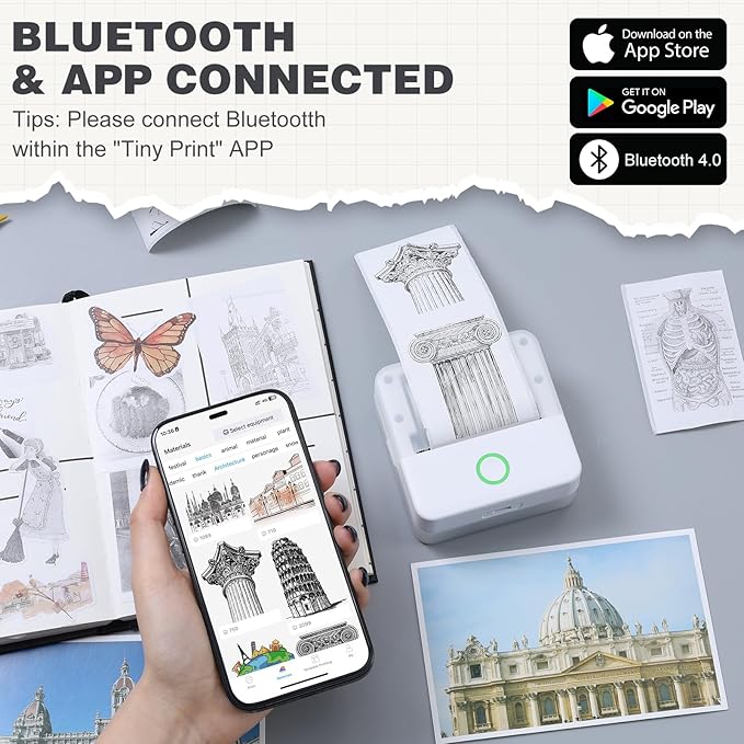 Print Pods Mini Printer, Thermal Inkless Sticker Maker with 10 Rolls Printing Paper, Pocket Printpod for phone, Impresora Portátil for Notes, Flashcards, Journal, DIY, Compatible with iOS & Android