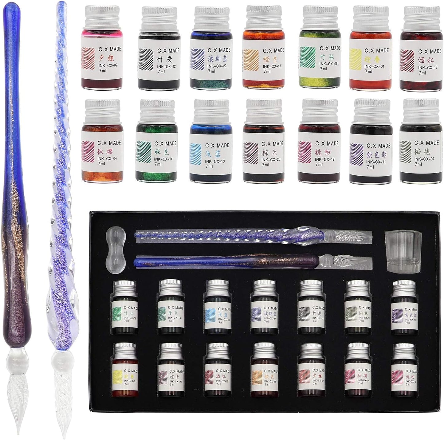 AXEARTE Glass Dip Calligraphy Pen Set, 18-Pieces 14 Color Inks, Pen Holder, Cleaning Cup, 2 Crystal Glass Pens for Art, Writing, Drawing, Signatures, Gift for Kids and Artist