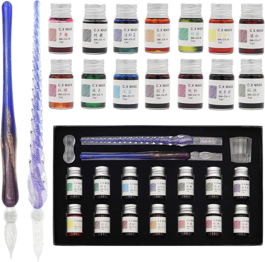 AXEARTE Glass Dip Calligraphy Pen Set, 18-Pieces 14 Color Inks, Pen Holder, Cleaning Cup, 2 Crystal Glass Pens for Art, Writing, Drawing, Signatures, Gift for Kids and Artist