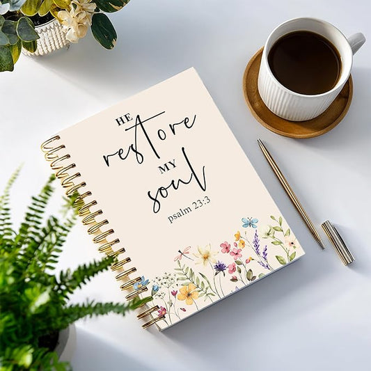 Bible Notebook, A5 Spiral Christian Journal with Floral Pink Butterfly Notebook, Bible Verse-He Restores My Soul, Inspirational Notebooks for Women, Bible Study, Gift for Birthday Christmas