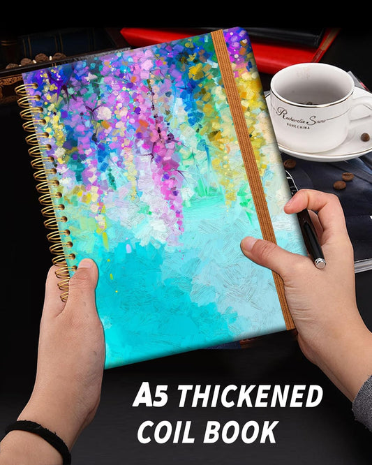 Ruled Spiral Writing Notebook,A5 Hardcover Lined College Journal for Women Lady,Fashion Puppy Watercolor Strong Twin-Wire Binding with Premium Paper,8.4" X 6",Perfect for School,Office,Home Gifts(Oil Painting Spring Flowers)