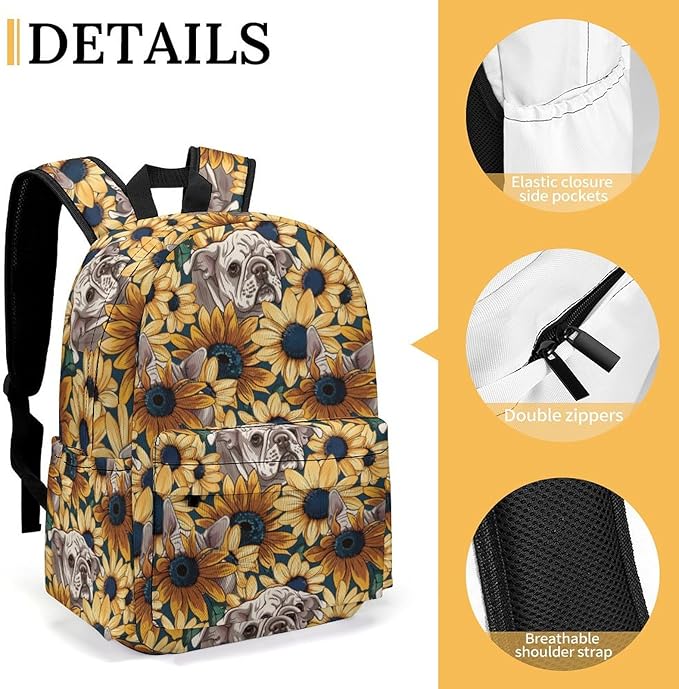 17 Inch Laptop Backpack Cartoon French Bulldog Face Sunflower Teen Girls Boys School Backpack Bags Travel Bookbag Back Pack Outdoor Daypack for Women Men