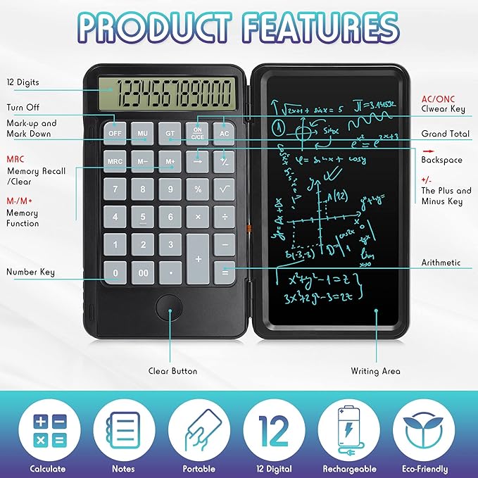 Hion Calculator,12-Digit Large Display Office Desk Calcultors with Erasable Writing Table,Rechargeable Hand held Multi-Function Mute Pocket Desktop Calculator for Basic Financial Home School,Black