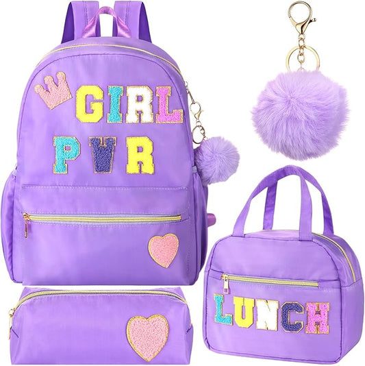 4 Pcs Christmas Child Items Bulk Backpack for Girls Purple Chenille Patch Backpack for School Students Knapsack with Lunch Box Pencil Case Poms Keychains Operation Christmas Items Bulk