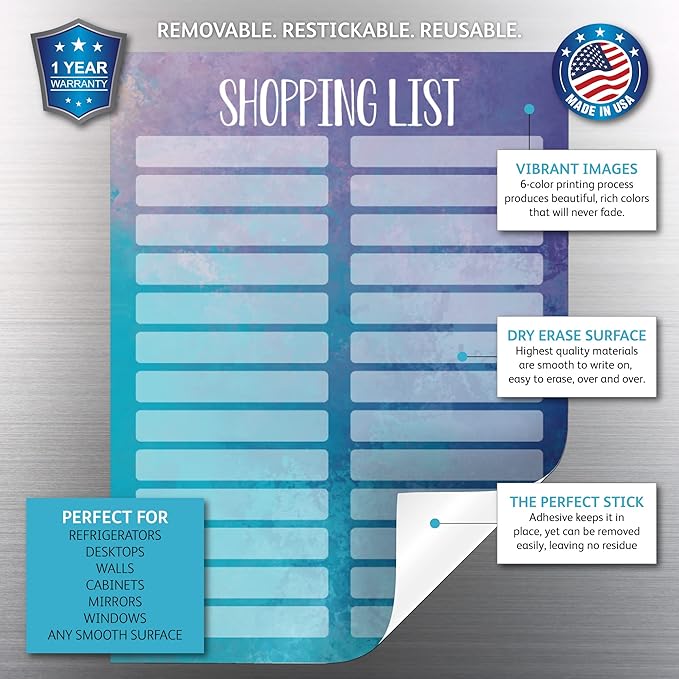 Dry Erase Shopping List Vinyl Sticker Decal Whiteboard by Glassboard Studio | Removable & Reusable | Magnetic Fine-Tip Marker Included (9 x 12 inches, Watercolor)