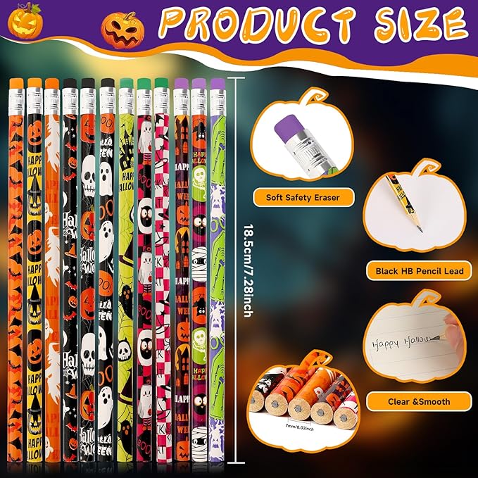 JULMELON 72PCS Halloween Party Favors Set,36PCS Halloween Pencils with 36PCS Ghost Pumpkin Skeleton Bat Spider Erasers, Wooden Pencils for Kids School Classroom Office Party Reward Supplies