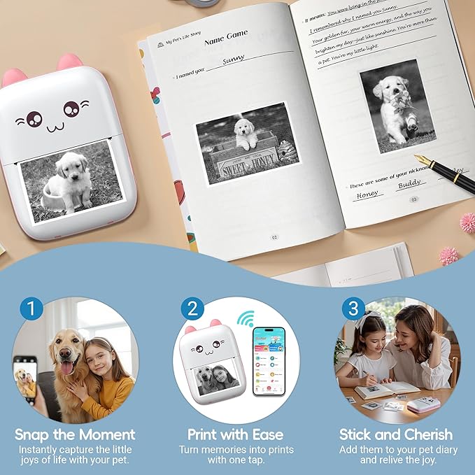 Bluetooth Mini Pet Photo Printer with Diary Book – Portable Thermal Sticker Printer for Smartphone – Includes 3 Rolls & “My Pet's Life Story” by Sean Doherty a Lifelong Animal Lover (Especially Dogs)