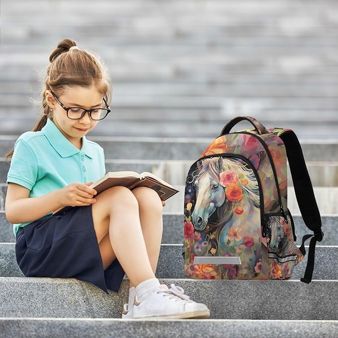 Horse Backpack for Students Boys Girls Animal Pattern Horse Watercolor School Bag Travel Daypack Rucksack